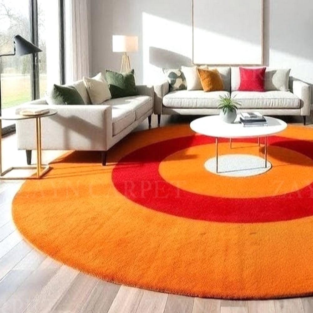 Handcrafted Round Target Pattern Orange Living Rug